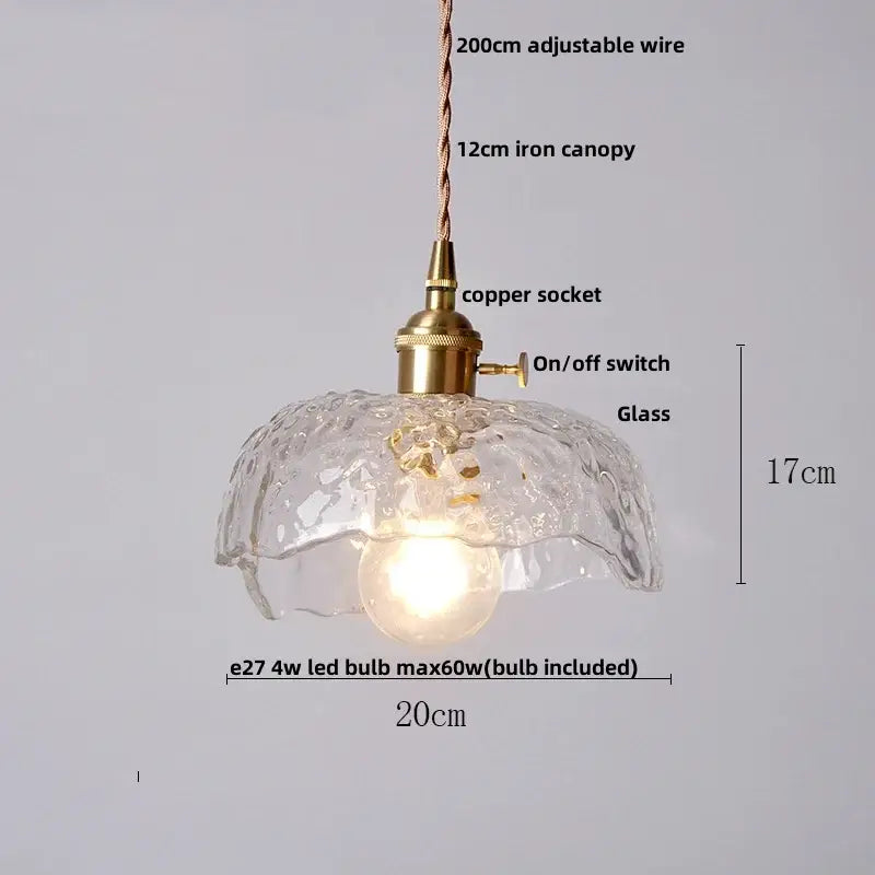Vintage brass and clear glass led pendant light with decorbites clear glass, brass copper socket, and adjustable wire suspension