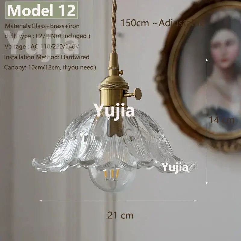 Vintage brass pendant light with clear glass floral shade and polished copper fixture with adjustable 150cm cord