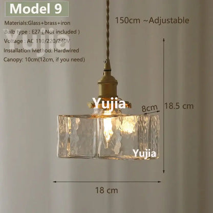 Yujia model 9 pendant light with textured clear glass shade and brass-finished metal hardware for vintage kitchen use