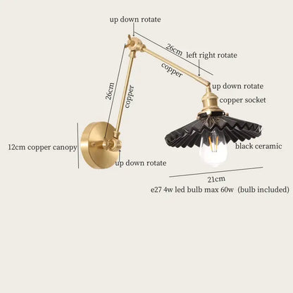 Adjustable copper wall sconce with black ceramic shade vintage brass and cream resin led wall light decorbites cream resin