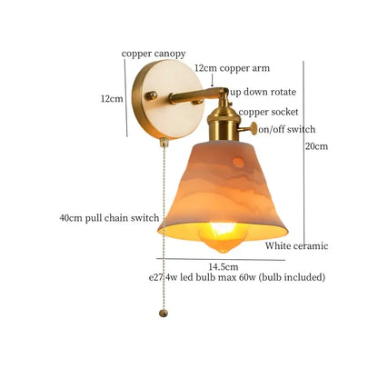 Warm-toned ceramic led wall sconce with copper hardware and pull chain switch for decorbites ceramic led bedroom decor