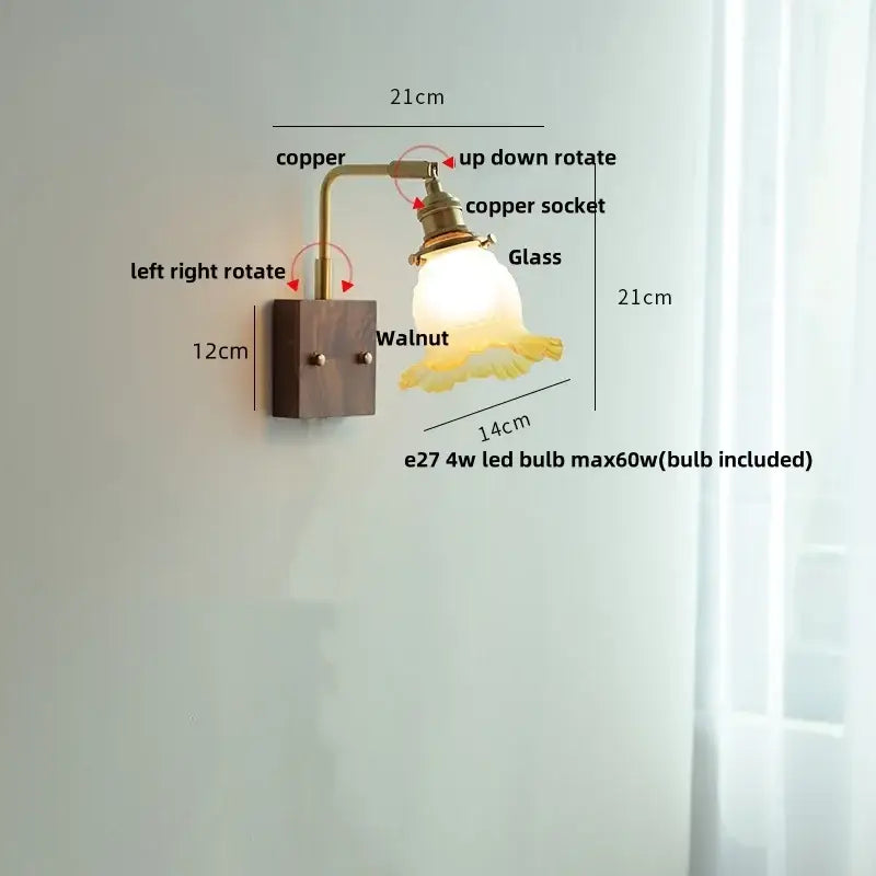 Vintage brass and glass pink led wall lamp with copper walnut wall sconce and frosted glass lampshade for bedroom