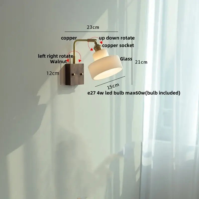 Copper and walnut wall lamp with frosted glass shade featuring glass pink led for vintage bedroom sconce lighting