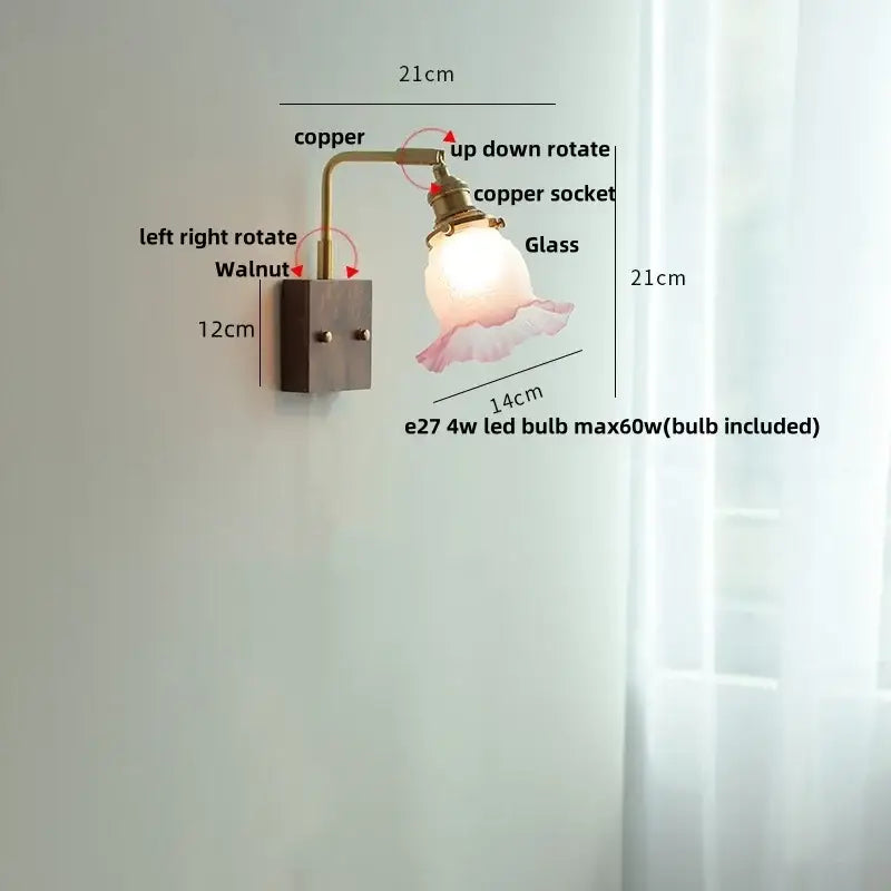 Vintage brass and glass pink led wall lamp with copper and walnut sconce and frosted ruffled glass pink led wall shade