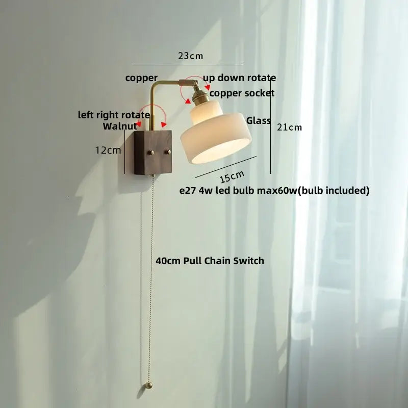 Vintage brass and glass pink led wall lamp with copper arm, walnut base, frosted shade, and 40cm pull chain switch