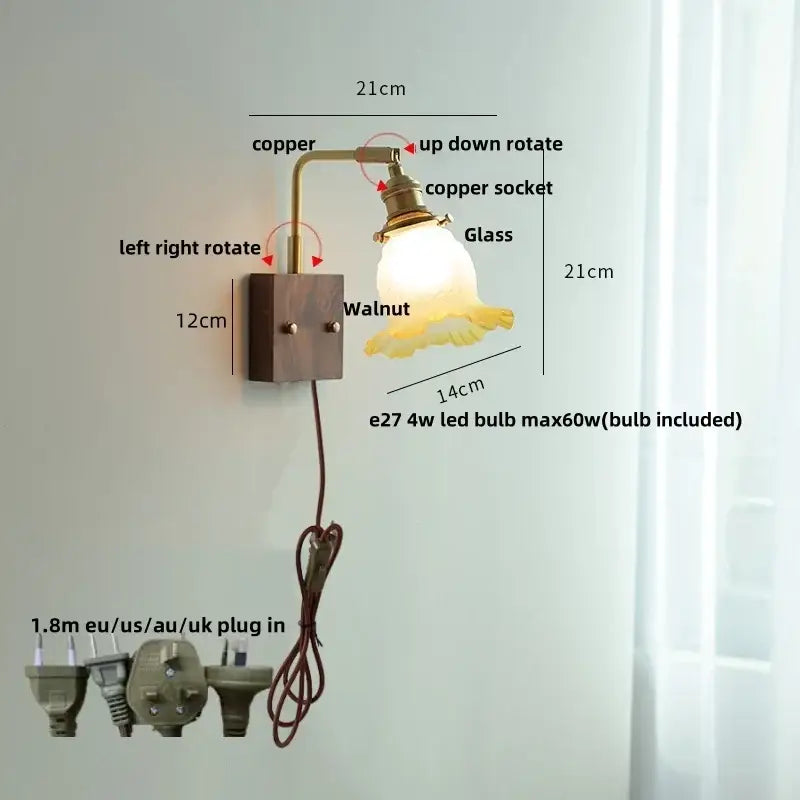 Vintage brass and glass pink led wall lamp with copper arm and amber flower petal shade for bedroom sconce lighting