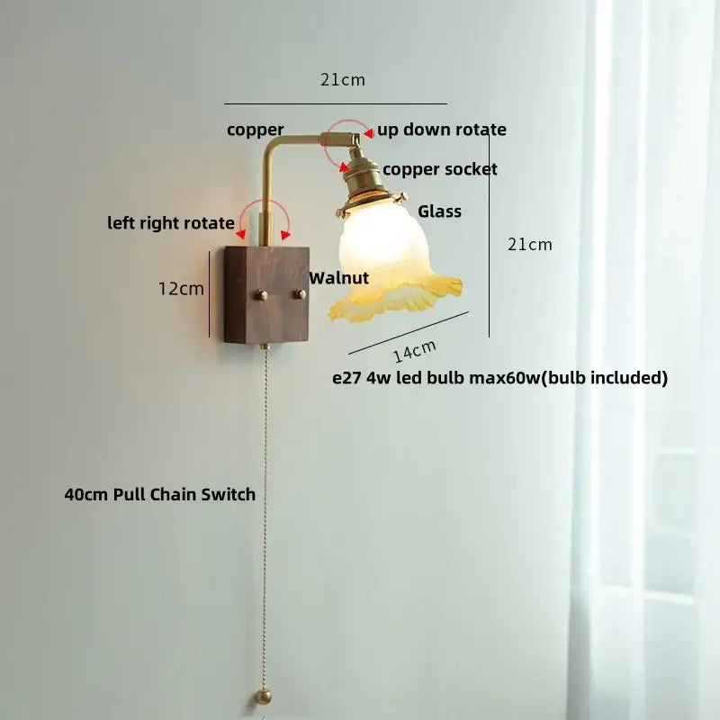 Vintage brass and glass pink led wall sconce featuring copper and walnut with a frosted glass lampshade for bedside use