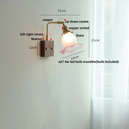 Copper and walnut vintage brass wall sconce with frosted ruffled glass shade for glass pink led wall bedroom lighting