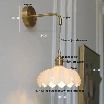 Vintage brass wall lamp with green glass led lotus light and petal-shaped glass shade for bedroom use