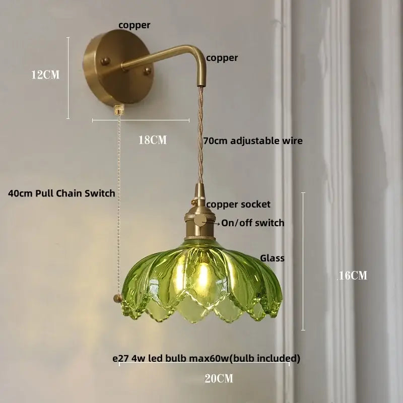 Vintage brass wall lamp with green glass led petal shade and adjustable copper wire for bedroom lotus light