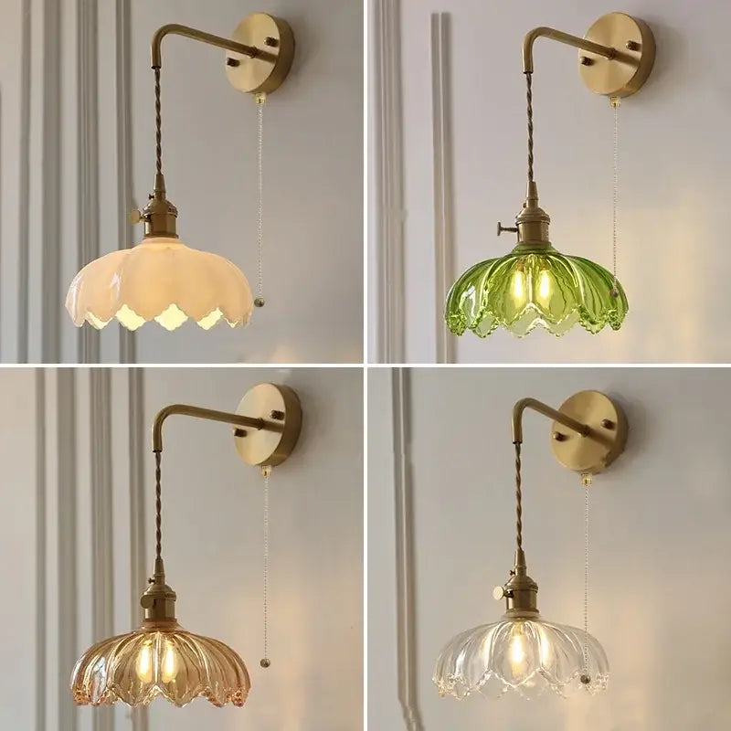 Vintage brass wall lamp with green glass led lotus shade in cream amber or clear for bedroom lighting