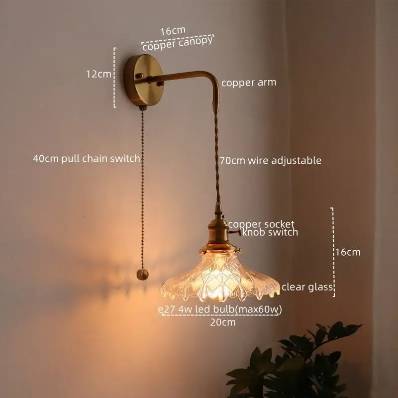 Vintage brass and green glass led wall lamp with antique brass-finished copper sconce and adjustable 70cm wire