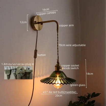 Vintage brass led wall lamp with copper sconce, green glass shade, and adjustable 70cm wire for living room use