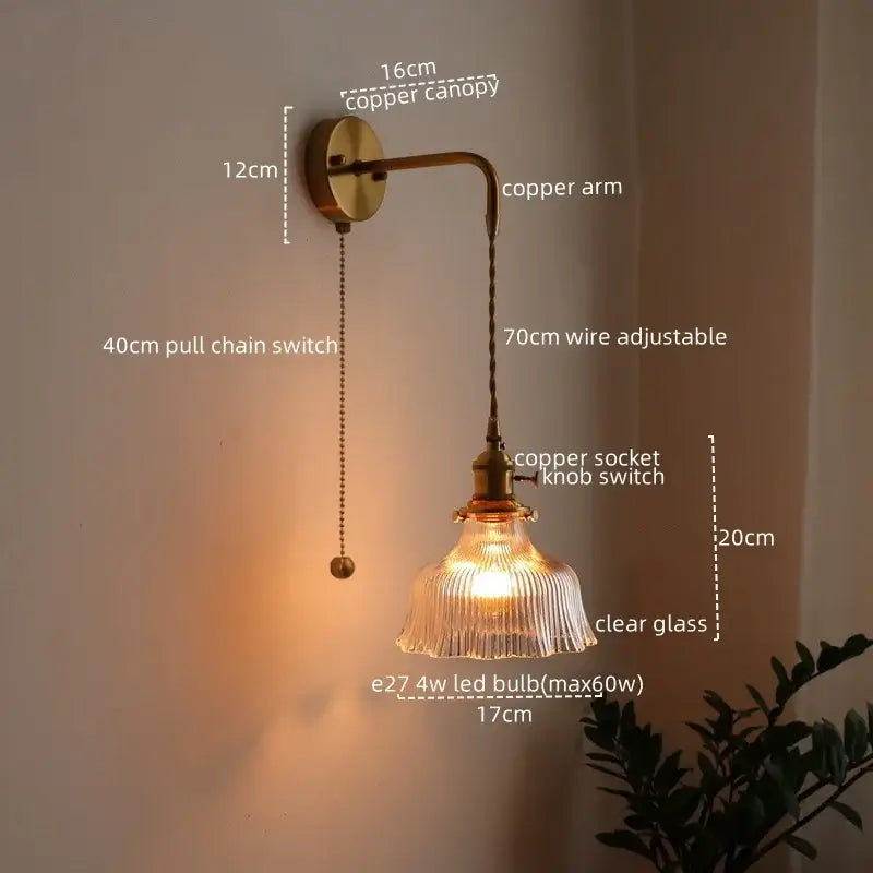 Copper wall lamp with clear ribbed glass shade and adjustable wire arm vintage brass and green glass led wall lamp