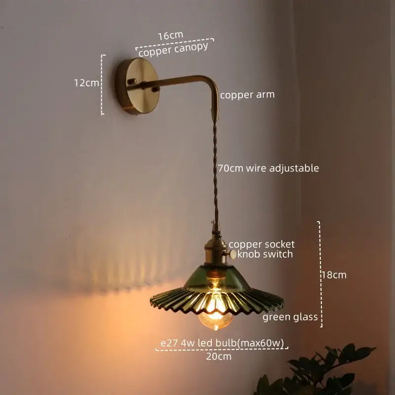 Vintage brass and green glass led wall lamp with copper sconce and adjustable 70cm wire for living room use