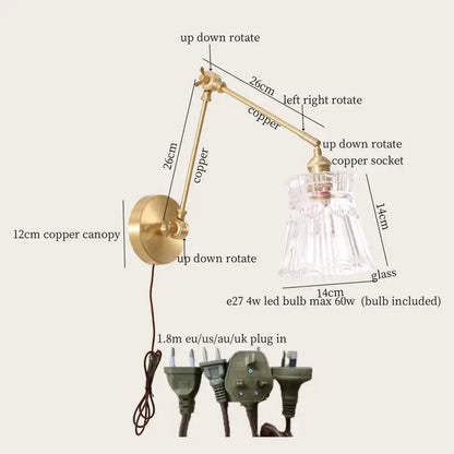 Adjustable copper wall sconce with clear glass shade vintage brass and green glass led wall lamps for bedroom use