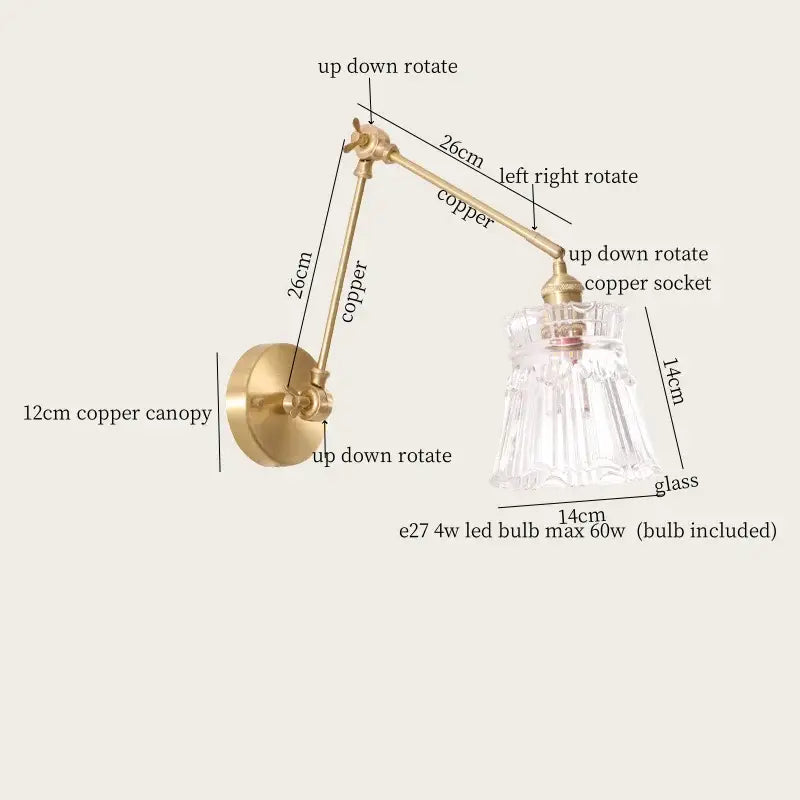 Adjustable copper wall sconce with clear glass shade vintage brass and green glass led wall lamps for bedroom pull chain