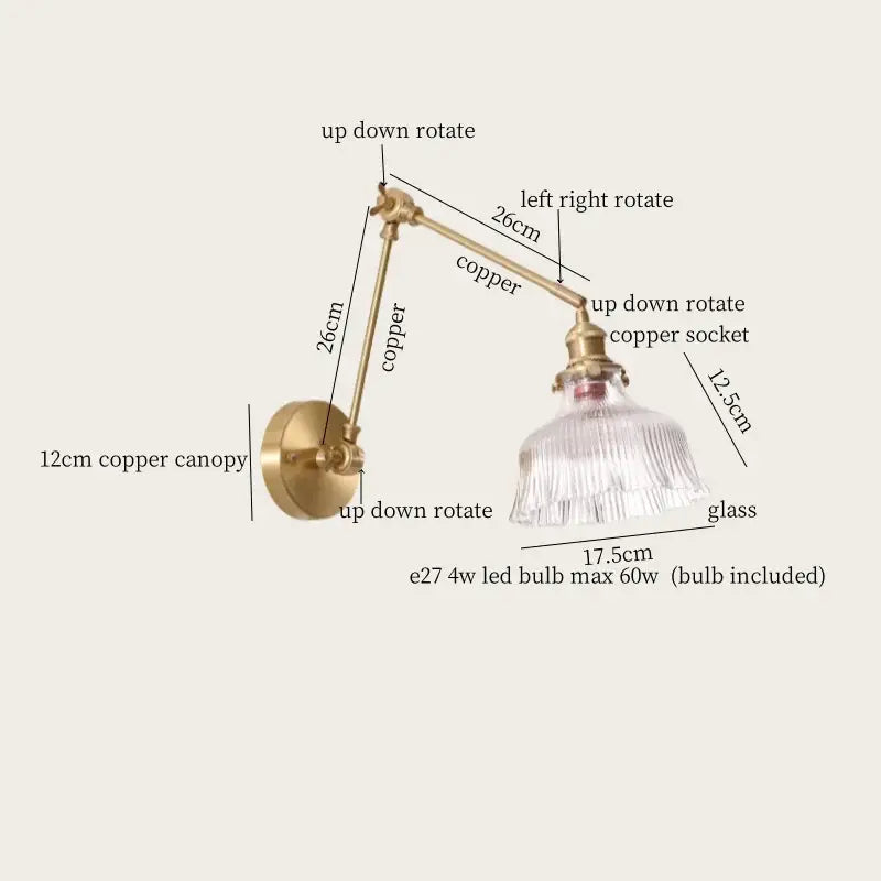 Adjustable copper wall sconce with clear glass shade featuring vintage brass and green glass led for elegant wall lamps