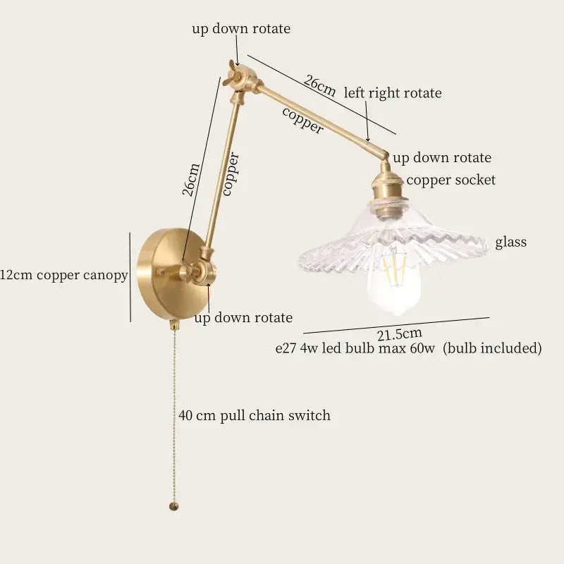 Adjustable copper wall lamp with clear glass led shade and included led bulb for vintage brass and green glass led decor