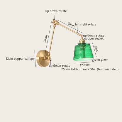 Adjustable copper wall sconce with green glass led shade vintage brass and green glass led wall lamps for bedroom use