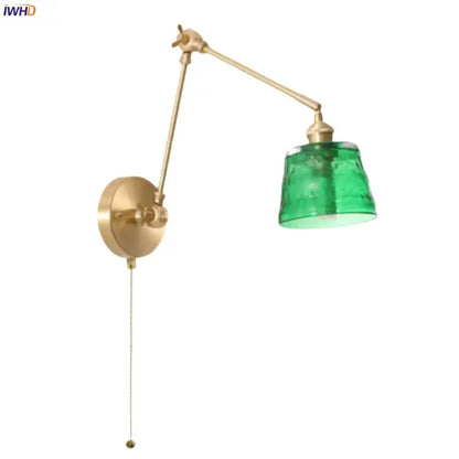 Vintage brass adjustable wall lamp with textured green glass led shade and pull chain for bedroom lighting