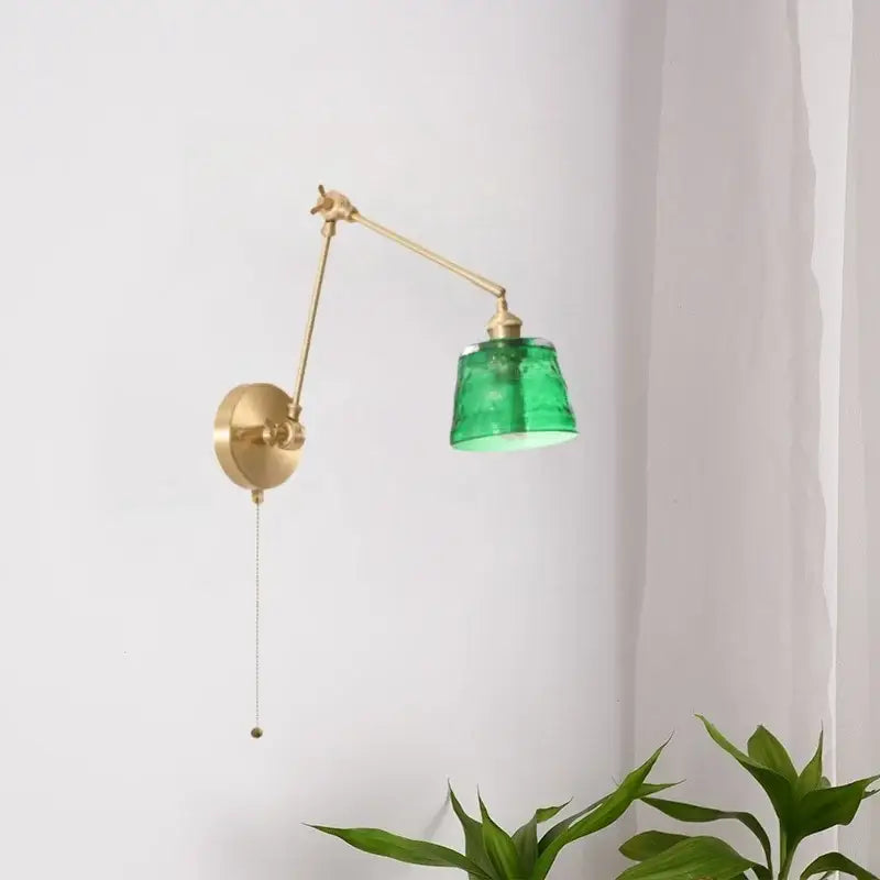 Vintage brass wall lamps with adjustable arm and vibrant green glass led shade for bedroom pull chain sconce