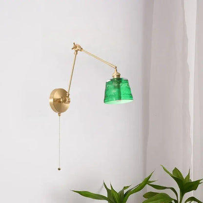 Vintage brass wall lamps with adjustable arm and vibrant green glass led shade for bedroom pull chain sconce