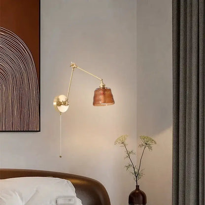 Vintage brass wall lamps with green glass led amber shade and adjustable arm for bedroom pull chain sconce lighting
