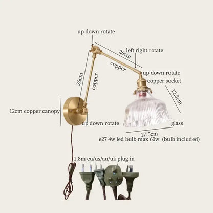 Adjustable copper wall sconce with clear glass shade vintage brass and green glass led wall lamps for bedroom use