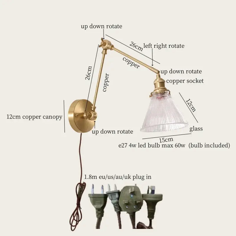 Adjustable copper wall sconce with clear glass shade featuring vintage brass and green glass led wall lamps design
