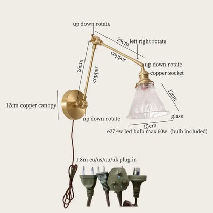 Adjustable copper wall sconce with clear glass shade featuring vintage brass and green glass led wall lamps design