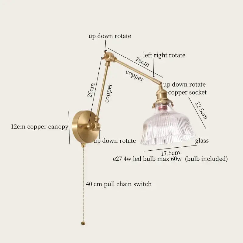 Copper adjustable wall sconce with clear glass shade and e27 led bulb for vintage brass and green glass led wall lamps