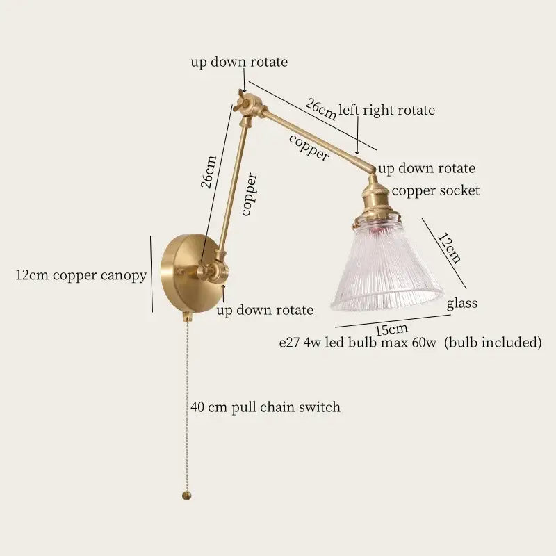 Adjustable copper wall sconce with clear glass shade vintage brass and green glass led wall lamps for bedroom use