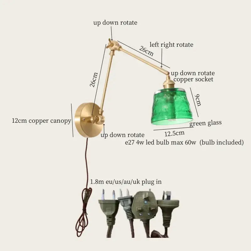Adjustable vintage brass wall lamp with green glass led shade and pull chain sconce for bedroom lighting
