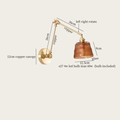 Copper-finished adjustable wall sconce with textured amber glass shade for vintage brass and green glass led wall lamps