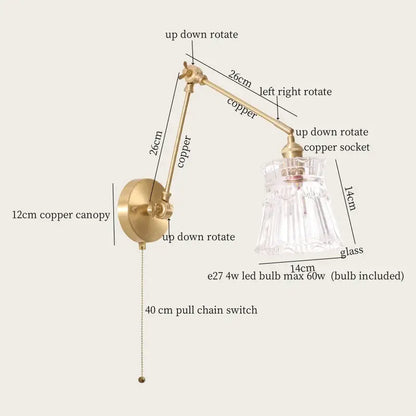 Adjustable vintage brass wall lamp with green glass led clear faceted shade and included led bulb for bedroom use