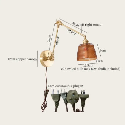 Copper wall-mounted lamp with adjustable arm and amber glass shade for vintage brass and green glass led wall lamps