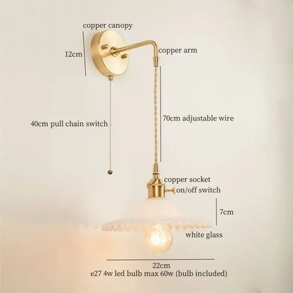 Vintage brass wall light with green glass led and adjustable copper sconce featuring a white glass shade for bedroom use