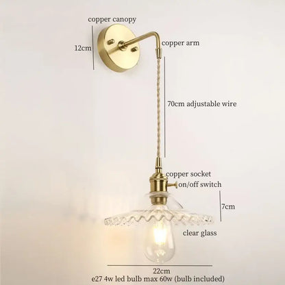 Vintage brass and green glass led wall light with copper adjustable wire arm and clear glass shade for bedroom sconce