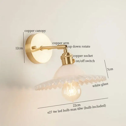 Vintage brass wall light with a copper canopy and ornate white glass shade for bedroom green glass led wall use