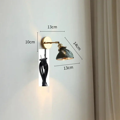 Vintage brass led wall lights with dark green ribbed glass shade for bedroom wall lighting