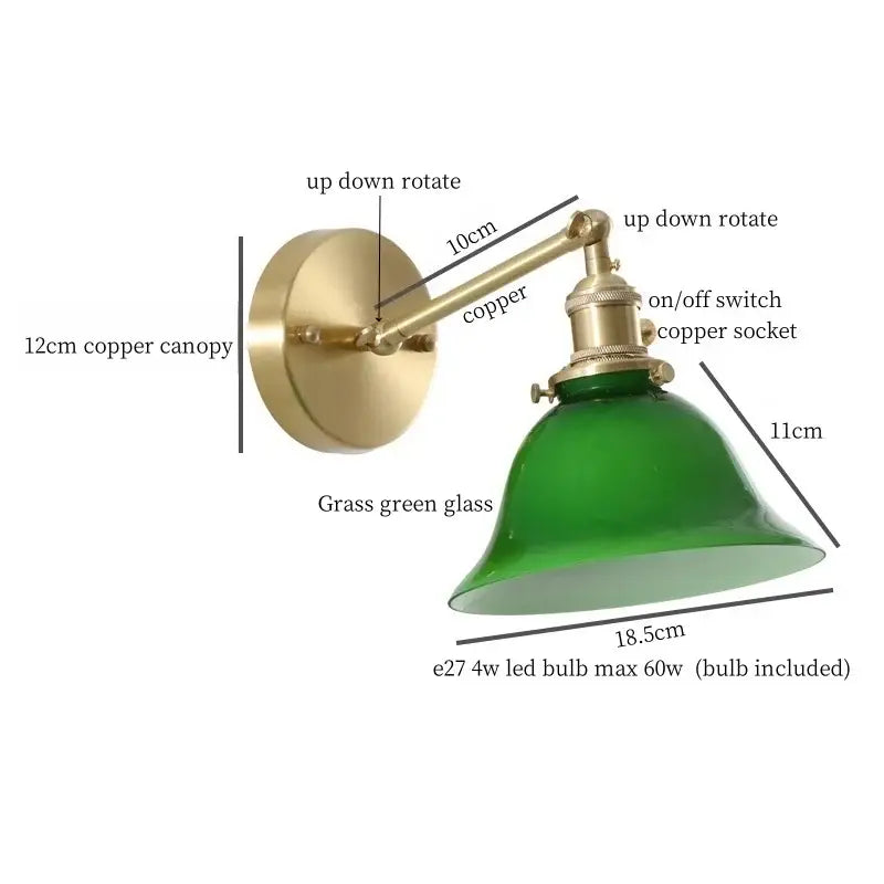Vintage brass wall sconce with adjustable arm and grass green glass led shade for bedroom lighting