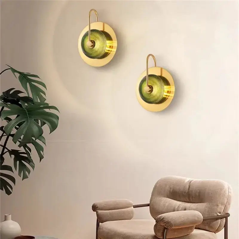Pair of vintage brass wall lamps with textured green glass shades metal wall art light for living room decor