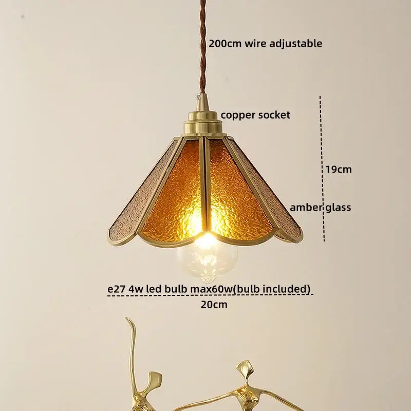 A warm amber glass pendant light with brass copper socket and adjustable wire for vintage bedroom decorbites blue glass style