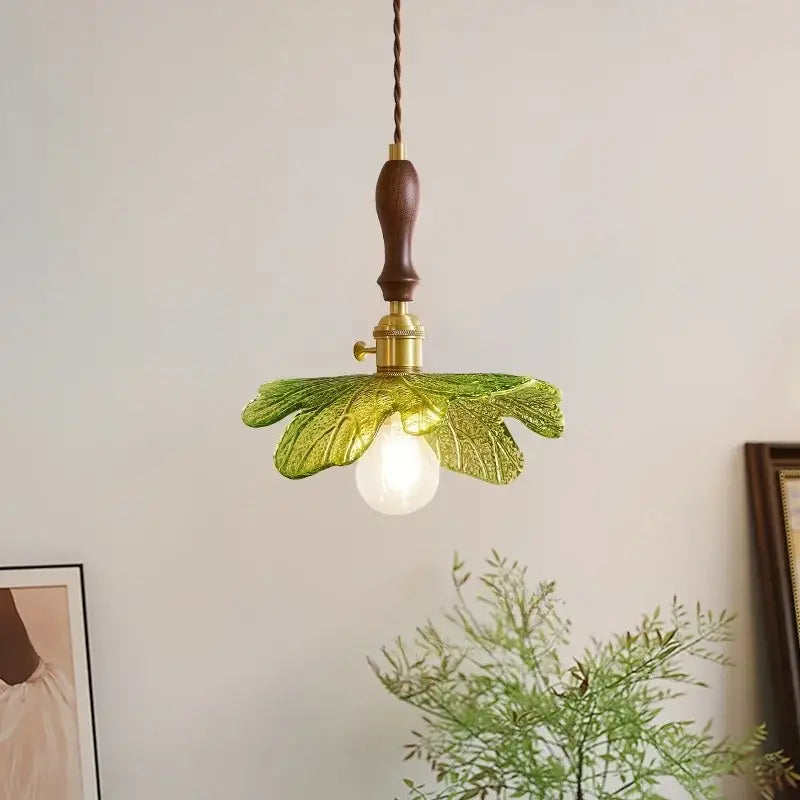 Vintage brass and green leaf led pendant lamp with wooden handle for dining room featuring delicate glass leaf design
