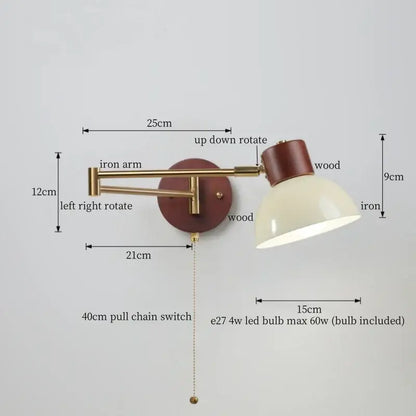Adjustable wall lamp with brass iron arm, wooden base, and creamy iron led diffuser by decorbites for bedroom decor
