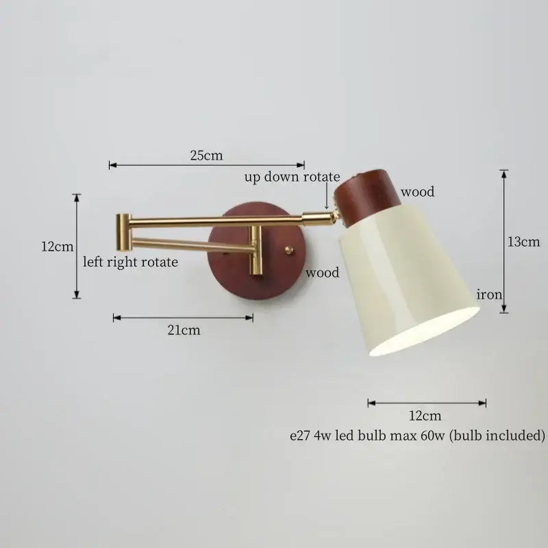 Adjustable wall lamp with brass arm, circular wooden base, and off-white creamy iron led shade for decorbites creamy iron decor