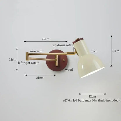 Adjustable wall lamp with brass iron arm wood base and cream-colored metal shade for decorbites creamy iron led lighting