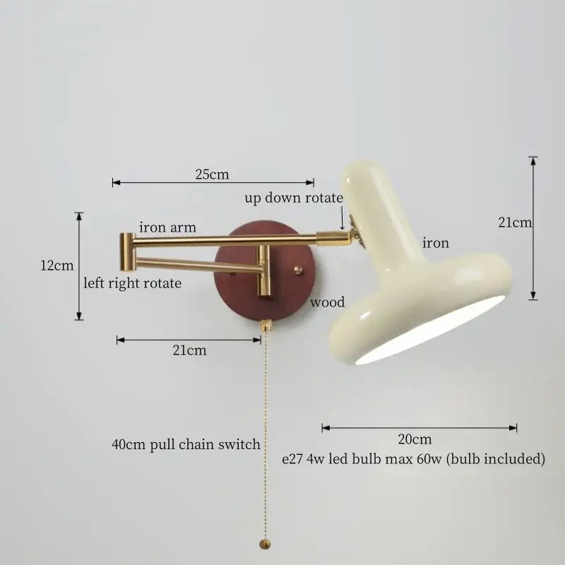 Adjustable wall lamp with brass iron arm, circular wooden base, and cream ceramic shade for decorbites creamy iron led