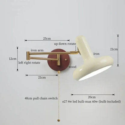 Adjustable wall lamp with brass iron arm, circular wooden base, and cream ceramic shade for decorbites creamy iron led